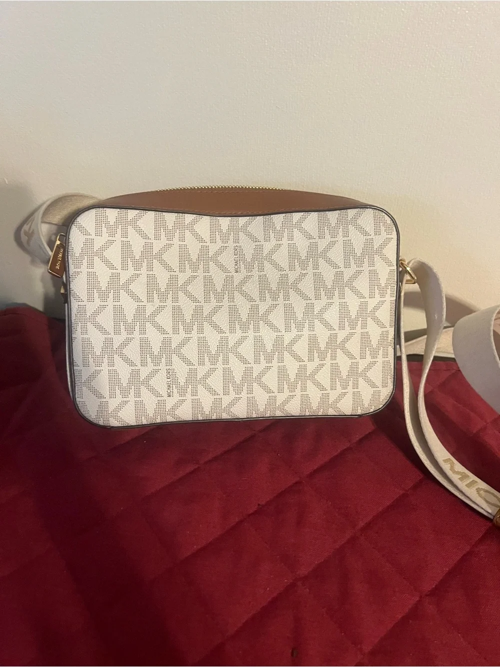 Michael Kors White Logo Messenger Crossbody with Gold Accents
